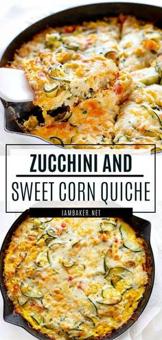 zucchini and sweet corn quiche in a cast iron skillet