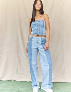 WEST OF MELROSE Womens Denim Tube Top - DENIM | Tillys Summer Light Wash Buttoned Jeans, Fitted Jeans With Buttons For Spring, Summer Cotton Jeans With Buttons, Blue Jeans With Buttons For Spring, Denim Tube Top, Short Tank Top, Womens Denim, Open Knit Sweater, Cargo Skirt