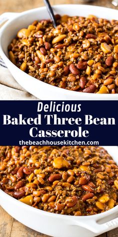 baked three bean casserole in a white dish