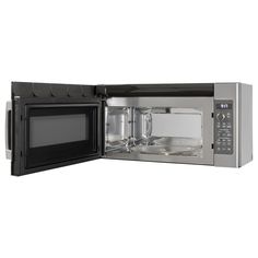 a microwave oven with its door open on a white background and no one in it