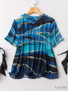 Lasaky - Womens Plus Size Glitter Marble Printed Short Sleeve Round Neck T-Shirt with Medium Stretch for a Casual Look Summer Party T-shirt With Glitter Print, Blue Glitter Print Crew Neck Tops, Blue Crew Neck Tops With Glitter Print, Casual Short Sleeve Glitter Tops, Gold Short Sleeve Top With Glitter Print, Gold Short Sleeve Tops With Glitter Print, Spring Crew Neck Tops With Glitter Print, Summer Crew Neck Tops With Glitter Print, Summer Glitter Print Crew Neck Top