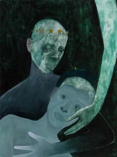 a painting of a man holding a woman's head with stars on her forehead