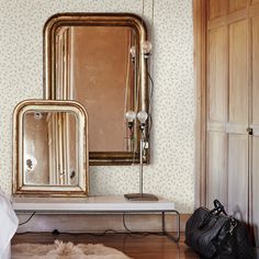 a room with a mirror, rug and purse on the floor in front of it