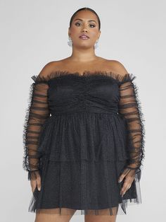 Plus Size Janessa Off-The-Shoulder Shimmer Party Dress | Fashion to Figure Shimmer Party Dress, Dress With Gloves, Dramatic Sleeves, Shimmer Dress, Tie Front Dress, Fashion To Figure, Metallic Heels, Tier Skirt, Sheer Sleeves