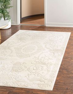 a large white rug on top of a hard wood floor next to a doorway with a potted plant in the corner