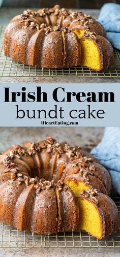 this is an image of a bundt cake on a cooling rack with the words irish cream bundt cake