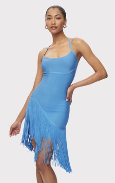 THE ZOE DRESS Fitted Fringe Dress With Spaghetti Straps, Fitted Blue Mini Dress With Fringe, Fitted Fringe Mini Dress, Body Features, Fall 24, Womens Knit Dresses, A Signature, Recycled Yarn, New Arrival Dress