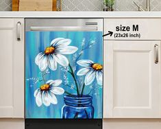 a painting of white daisies in a blue vase on a kitchen counter with measurements