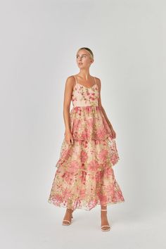 Invoke timeless elegance in our floral embroidered maxi dress. Crafted from lightweight fabric this design features beautiful flower embroidery a maxi length skirt with tiered detailing and an effortless silhouette. Perfect for any special occasion. Flower embroidery Maxi length Tiered skirt Hidden side zipper Lining Hand wash cold Do not bleach Do not tumble dry Iron low Shell: 100% Polyester Lining: 100% Polyester Exclusive of Decoration HN2046D Total length: 48.5" Bust: 34" S PINK: Height 5'9 Embroidered Maxi Dress, Pink Maxi Dress, Flower Embroidery, Tier Skirt, Tiered Skirt, Beautiful Flower, Embroidery Flowers, Lightweight Fabric, Perfect Dress