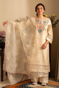 Almond ivory straight kurta featuring cutwork, floral embroidery on the front and hem. Paired with a embroidered pant and a scallop hem dupatta. - Aza Fashions Embroidered Pants, Floral Set, Scallop Hem, Cocktail Reception, Straight Kurta, Silk Organza, Fashion App, Scalloped Hem, Pants Pattern