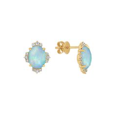 These beautiful earrings feature two of the highest quality natural opals. These lovely earrings are secured with friction backs make the perfect complement to any outfit. Each oval natural opal is set into quality 14 karat yellow gold and measures approximately 9mm in length. The natural opals are accented by twenty-four round natural diamonds  at approximately .20 carat total weight. natural opal should be cleaned gently with mild detergent in warm water and a soft toothbrush or cloth. Avoid b Yellow Gold Opal Gemstone Earrings, Oval Opal Earrings In Yellow Gold, Yellow Gold Oval Opal Earrings, Soft Toothbrush, Ruby Jewelry, Opal Earrings, Sapphire Jewelry, Lovely Earrings, Natural Opal