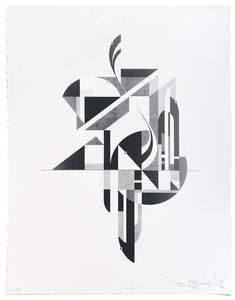 a black and white painting with geometric shapes