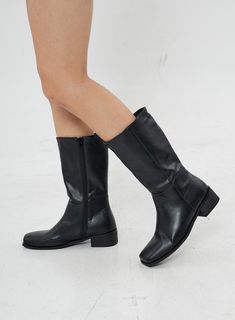 Black Boots Mid Calf, Black Mid-calf Boots Medium Width, Black Wide Calf Mid-calf Platform Boots, Black Mid-calf Boots With Block Reinforced Heel, Black Wide Calf Mid-calf Boots With Buckle Closure, Black Mid-calf Boots With Zipper Closure And Square Toe, Boots Mid Calf, Seoul South Korea, Calf Boots