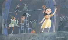 a painting of children playing on stage with witches and wizard's in the background