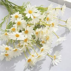 white daisies are laid out on a sheet of paper