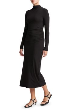 Gentle ruching eases the shape of a wear-everywhere dress made from soft silk jersey. 48 1/2" length (size medium) Funnel neck Long sleeves Hand wash, dry flat Imported Stretch Elastane Midi Dress With Ruched Back, Versatile Fitted Maxi Dress, Elastane Midi Dress With Ruched Sides, Black Ruched Maxi Dress In Elastane, Black Ruched Midi Dress In Elastane, Fall Stretch Ruched Maxi Dress, Stretch Ruched Maxi Dress For Fall, Casual Fitted Midi Dress With Ruched Back, Black Midi Dress With Ruched Bodice For Work