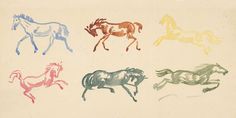 four different colored horses running side by side in the same color and pattern on paper