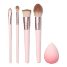 Complexion Essentials Brush Set - UBC COMPLEXION ESSENTIALS BRUSH SETBenefitsIncludes 4 essential face makeup brushes for versatile makeup applicationIncludes a Blender Sponge for seamless blending, contouring or bakingPrecision Concealer Brush: for spot-on smoothing coverageBuffing Foundation Brush: for even blending and buildingPrecision Powder Brush: to set your look for a flawless finishPrecision Highlighter Brush: for a seamless glowBrushes made from premium synthetic hair for a high-perfor Preppy Makeup Brushes, Nutcracker Makeup, Cute Makeup Brushes, Pink Makeup Brushes, Art Deco Makeup, Quick Makeup Routine, Sustained Investigation, Red Carpet Makeup, Blender Sponge