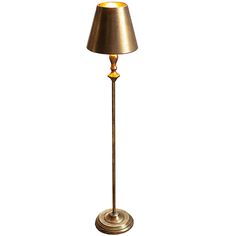 a floor lamp with a gold shade on it's base and a white background