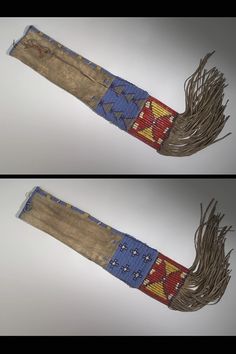 two pictures of an old cloth with fringes and beads on the ends, side by side