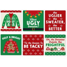 four christmas cards with ugly sweaters on them