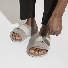 Kyoto Nubuck/Suede Leather Modern Suede Sandals With Buckle Closure, Suede Double Strap Footbed Sandals With Adjustable Strap, Modern Leather Sandals With Suede Lining, Modern Sandals With Suede Lining, Stone Coin Birkenstock, Birkenstock Kyoto, Birkenstock Styles, Nubuck Leather, Soft Suede