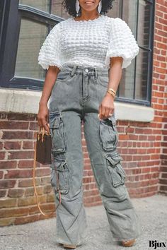 Bjux - High-Waisted Straight Denim Jeans with Patchwork Detail and Pockets: A Versatile Casual Staple Sophisticated Casual, Straight Denim Jeans, Jeans Online, Mermaid Dresses, Pocket Detail, Wholesale Fashion, Wearing Dress, Denim Jeans, Casual Wear