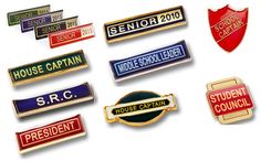 several different types of school badges are shown in this image, including the nameplates for each student