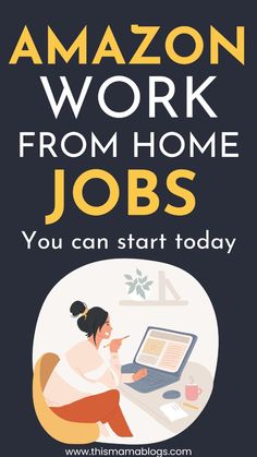 the amazon work from home jobs you can start today book cover with an illustration of a woman working on a laptop