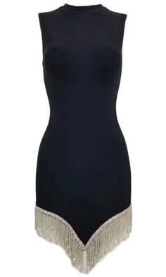 Sparkle and shine at the club in this sexy bodycon mini dress. The Glimmer On mini dress is made from stretchy bandage fabric and features a sleeveless cut with a mock neckline, an exposed center back zipper, and a V-shaped hem with dangling rhinestone fringe trim. Team it with strappy heels for a look that's sure to g Rhinestone Fringe, Swimsuit Sale, Swimsuit Dress, Sparkle And Shine, Mock Neckline, Fringe Trim, The Club, Bodycon Mini Dress, Strappy Heels