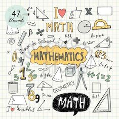 hand drawn math doodles on lined paper with the words i love math and school supplies