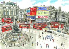 a watercolor painting of london with double decker buses and pedestrians