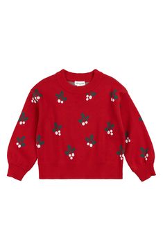 Help them spread holiday cheer in this jacquard-knit sweater cut from soft, comfortable organic cotton and patterned with festive mistletoe. Ribbed cuffs and hem 100% organic cotton Machine wash, tumble dry Imported Kids Christmas Sweaters, Jacquard Knit, Crewneck Sweater, Holiday Cheer, The Label, Crew Neck Sweater, Knit Sweater, Knitted Sweaters, Organic Cotton