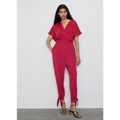 Brand New With Tags Size Medium Pink Satin Like Material Ties At Ankle Elastic At Back Of Waist Flutter Sleeves As Shown V Neck Chic Spring Pantsuit With Tie Waist, Chic Zara V-neck Jumpsuits And Rompers, Chic Pink Jumpsuit With Tie Waist, Chic Pink Jumpsuits And Rompers With Tie Waist, Zara Summer Party Pantsuit, Zara Casual Party Jumpsuits And Rompers, Zara Jumpsuits And Rompers For Spring Workwear, Elegant Pink Short Sleeve Jumpsuit, Elegant Pink Short Sleeve Jumpsuits And Rompers