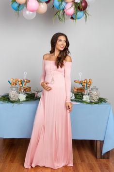 A maternity baby shower dress for stylish moms-to-be! A solid hued, long sleeve petite maternity maxi dress featuring elastic cinching under the bust and off shoulder neckline. The PinkBlush Petite Pink Solid Off Shoulder Maternity Maxi Dress is perfectly bump-friendly! Polyvore Winter Outfits, Pink Baby Shower Dress, Vestidos Para Baby Shower, Gender Reveal Dress, Off Shoulder Neckline, Maternity Dresses For Baby Shower, Shower Outfits, Maternity Maxi Dress, Baby Shower Outfit