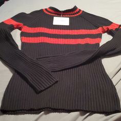 New Seek The Label Sweater Size M. Black And Red Fitted Black Crew Neck Sweater, Black Ribbed Cotton Sweater, Sporty Fitted Crew Neck Sweater, Sporty Striped Winter Tops, Winter Sporty Striped Tops, Sporty Striped Tops For Winter, Black Ribbed Top For Streetwear, Black Stretch Sweater With Ribbed Cuffs, Trendy Black Sweater With Ribbed Collar