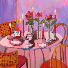 a painting of a table with flowers and candles