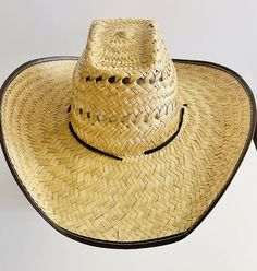 Mexican Palm Leaf Straw COWBOY Wide Brim Hat Light Tan Sombrero Vaquera De Palma. Country Style Wide Brim Panama Hat, Short Brim Panama Hat For Western-themed Events, Casual Wide Brim Straw Hat For Western-themed Events, Fedora Straw Hat For Western-themed Events, Straw Hat For Country Events With Short Brim, Straw Hat With Short Brim For Country Events, Casual Flat Brim Sun Hat For Western-themed Events, Casual Sun Hat With Flat Brim For Western-themed Events, One Size Fedora Straw Hat For Western-themed Events