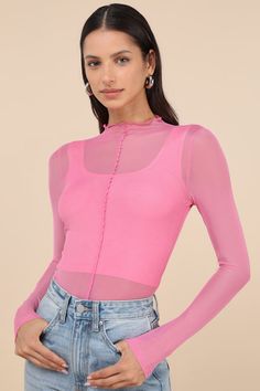 Step into the spotlight in the Lulus Desired Trend Pink Mesh Long Sleeve Top and all eyes will be on you! Stretchy mesh fabric shapes this flirty little top that has long sleeves and a mock neckline with lettuce trim. Fitted bodice has an exposed seam detail at the front that continues down to a hip-length hem. Ribbed knit liner top included. Fit: This garment fits true to size. Length: Size medium measures 24" from shoulder to hem. Bust: Great for any cup size. Waist: Fitted - stretchy fabric allows custom fit. Undergarments: May be worn with a strapless bra, adhesive bra, petals, or no bra. Fabric: Fabric is very stretchy. Removable liner included. Shell: 92% Polyester, 8% Spandex. Lining: 92% Polyester, 8% Spandex. Hand Wash Cold. Do Not Bleach. Line Dry. Iron Low Heat. Imported. Lulus Mesh Long Sleeve Top, Adhesive Bra, Mesh Long Sleeve, Mock Neckline, All Eyes, Strapless Bra, Cup Size, Fitted Bodice, Stretchy Fabric