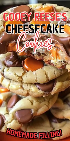 some cookies are stacked on top of each other with the words gooey reese's cheesecake cookies