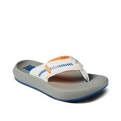 Reef-Swellsole Cruiser Sandal Make sure your comfort lasts as long as the days of summer do. The Swellsole Cruiser sandal from Reef features a casual flip flop silhouette that is crafted with next-level cushioning in the footbed. Complete with padded straps and a thick shock-absorbing sole. White Open Toe Flip Flops For Outdoor, White Sandals With Arch Support For Outdoor, Casual White Sandals With Arch Support, Gray Flip Flops For Beach And Summer, Gray Flip Flops For Beach In Summer, Gray Sport Sandals For Beach And Summer, White Sandals With Ortholite Insole For The Beach, Casual Surfing Flip Flops With Textured Footbed, White Adjustable Sport Sandals For Beach