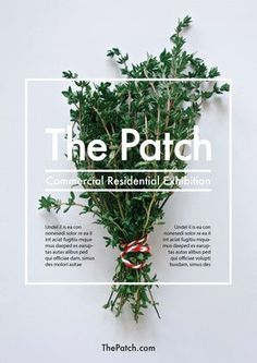 the patch commercial residential exhibition poster with green leaves and ribbons tied around it on a white background