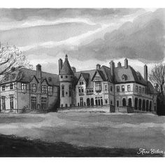 a black and white drawing of a large house