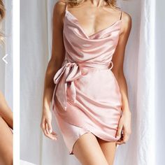 Brand New With Tags Never Worn Satin Rose Gold Mini Dress From Selfie Leslie Hot Mini Dress, Neck Wrap Dress, Dress Rose Gold, Mini Dress Hot, Selfie Leslie, Satin Belt, Cowl Neck Dress, Date Night Dresses, Bebe Dresses