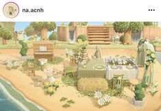 an animated image of a table and chairs on the beach with flowers in front of it