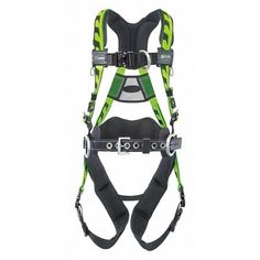 a full body harness with safety straps and webbs on the chest, for climbing