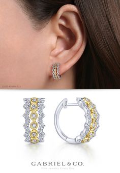 Round diamonds in yellow gold milgrain frames are bordered by scalloped strands of white gold and pave diamonds. These two tone huggie earrings are everyday chic.  EG13491M45JJ  #GabrielNY #DiamondJewelry #FineJewelry #GabrielAndCo #UniqueJewelry#FineJewelry#FashionJewelry#UniqueJewelry#GiftIdeas#UniqueGifts #Earrings #FashionEarrings#Yellow-WhiteGold Timeless Design Round Earrings For Gift, Fine Jewelry In White With Timeless Design, White Fine Jewelry With Timeless Design, Diamond Earrings For Gifts, Fine Jewelry Earrings With Timeless Design For Anniversary, Fine Jewelry Earrings For Anniversary With Timeless Design, Silver Earrings With Timeless Design For Anniversary, Luxury Diamond Earrings With Timeless Design For Anniversary, Diamond Earrings With Timeless Design