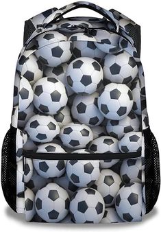 a backpack with lots of soccer balls on the front and back side, all in black and white