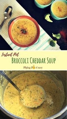 broccoli cheddar soup in a pot with spoons and napkin next to it