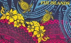 a blue, yellow and red scarf with flowers on it that says fiji islands in the center